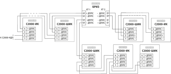 Схема подключения адресных извещателей в ДПЛС с топологией построения  «дерево»